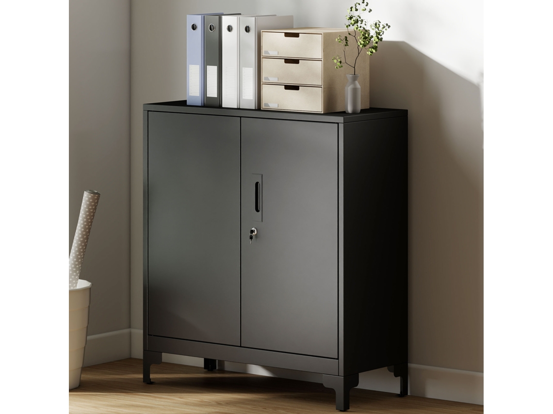 Metal Office Cabinet Lockable Doors Office Chest 2 Tier Design Black