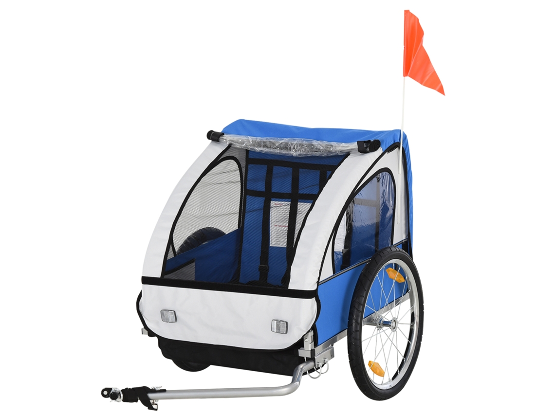 Reboque de Bicicleta Infantil 2 Lugares (cintos de Segurança, Estrutura em Aço, Capa Oxford Azul)