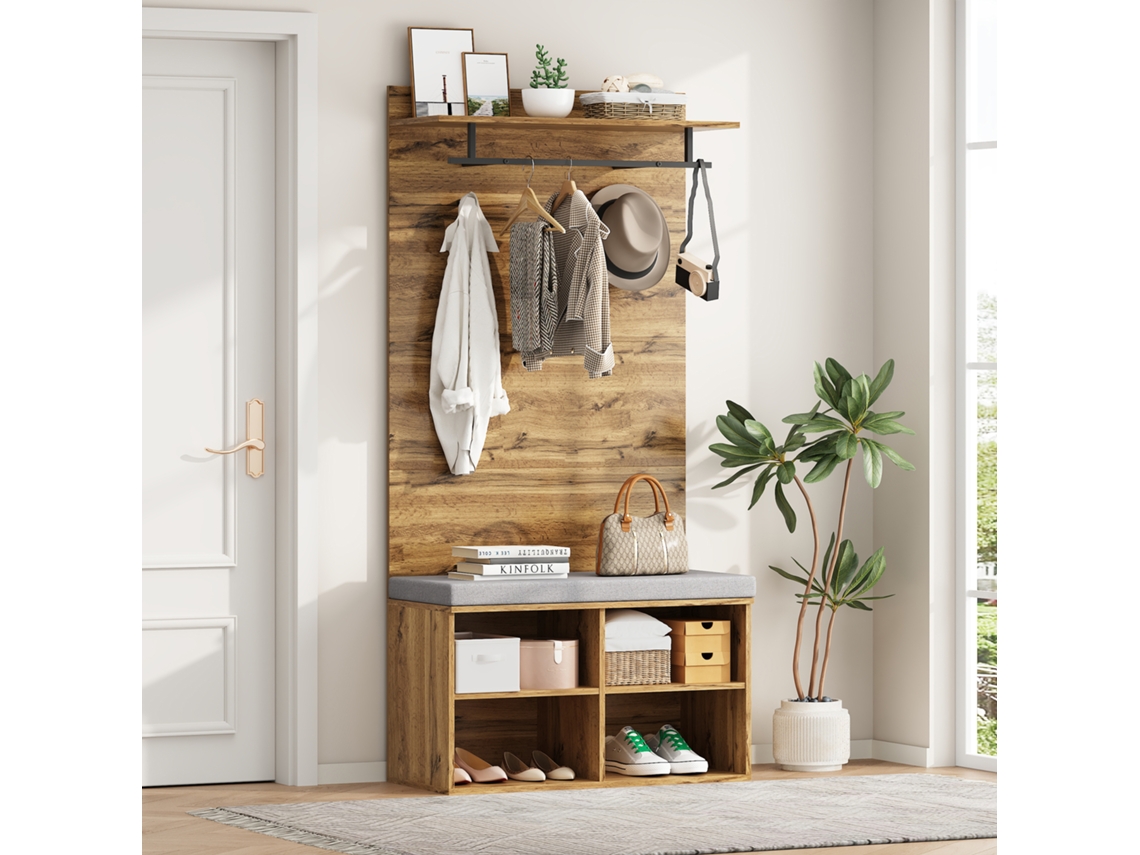 Guarda Roupa De 175 Cm Com Banco, Prateleiras Ajustáveis, Cabide E Almofada, 84x32 Cm, Ideal Para Hall Hvorstur