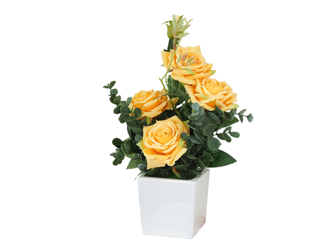 Rosa artificial em vaso de cerâmica, pequeno bonsai, flor simulada em vaso.