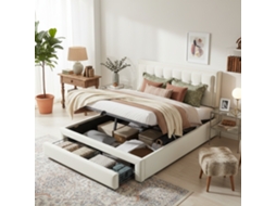 Cama Casal 140x200 Veludo Bege Arrumação Hidráulica 2 Gavetas