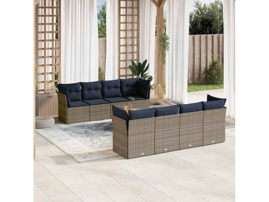 Vidaxl 9 Pcs Conjunto Sofás P/ Jardim C/ Almofadões Vime Pe Cinzento