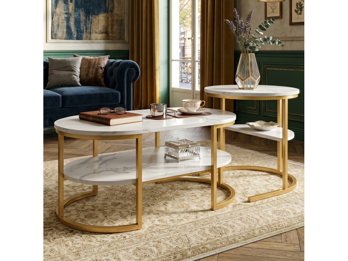 Mesa de Centro LAZYSPACE, Conjunto de 2 Mesas Redondas, Branco Mármore e Dourado, Estrutura em Ferro (N)