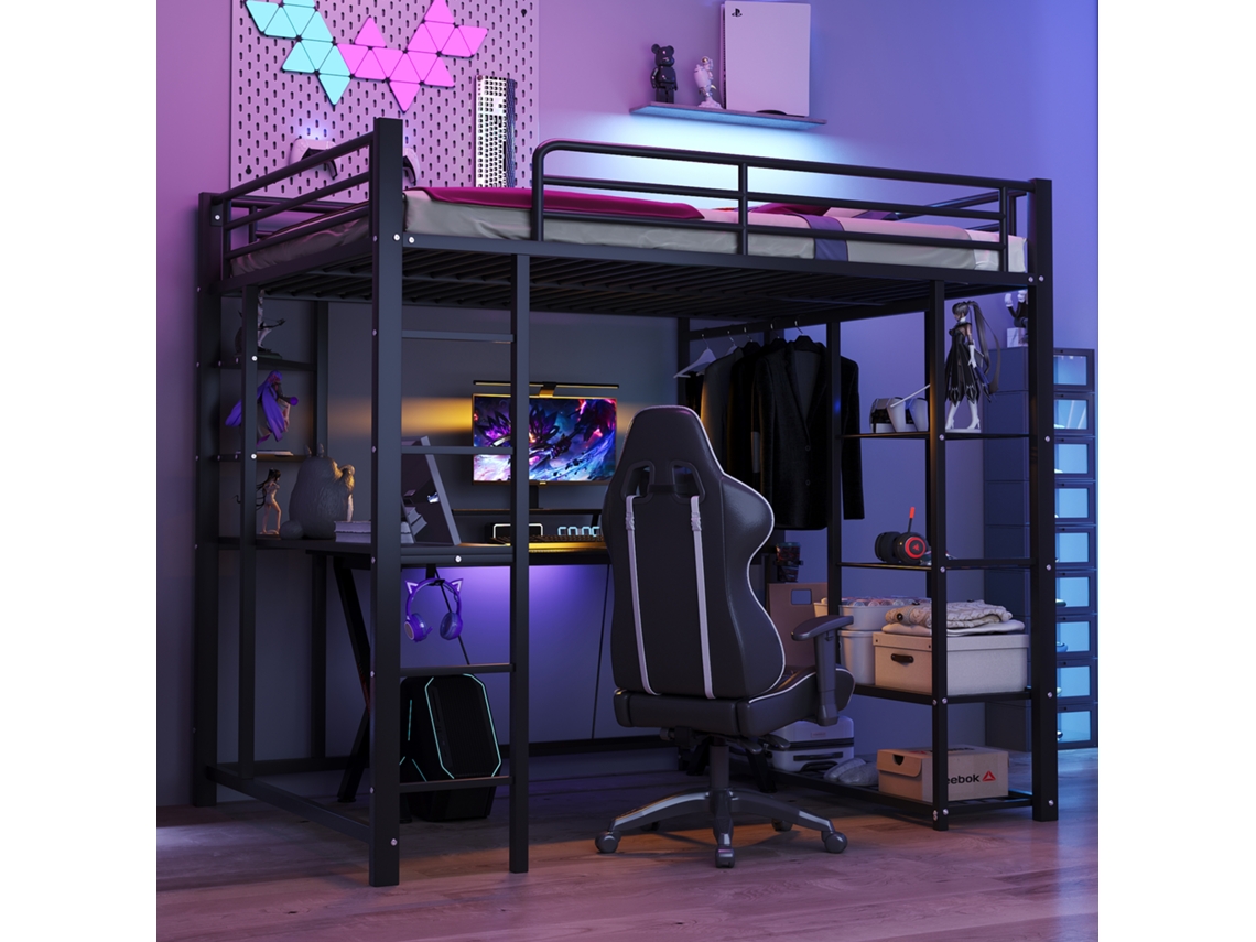 Cama Alta Metálica Com Escada 140*200 Cm, Cama Júnior Casal Com Mesa, Cabides Simples E Compartimentos De Arrumação.