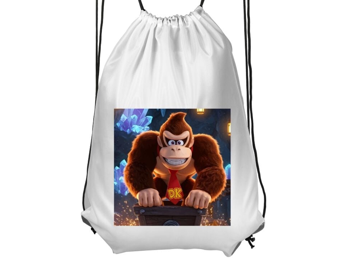 Mochila De Ginástica Infantil Branca, Confortável E Prática, Com Estampa Do Donkey Kong Em Frente A Cristais Brilhantes Uma Colorida Aventura De Jogo