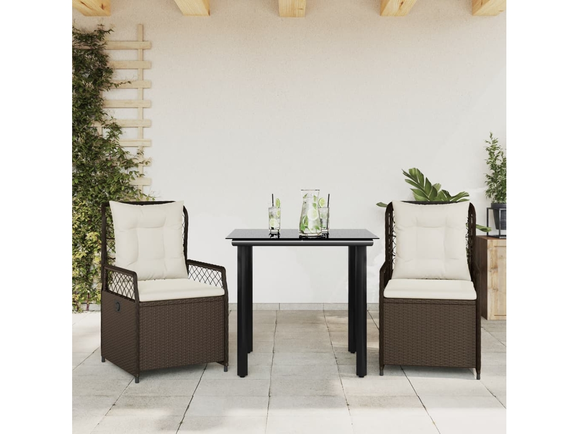Vidaxl 3 Pcs Conjunto Jantar P/ Jardim C/ Almofadões Vime Pe Castanho
