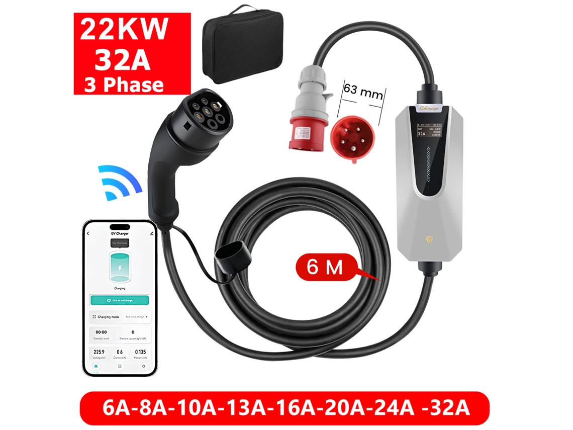 Carregador Móvel Ev 22kw 32a 6m Tipo 2 Ficha Cee 32a Ecrã Lcd Programação Ip65 À Prova De Água E Pó
