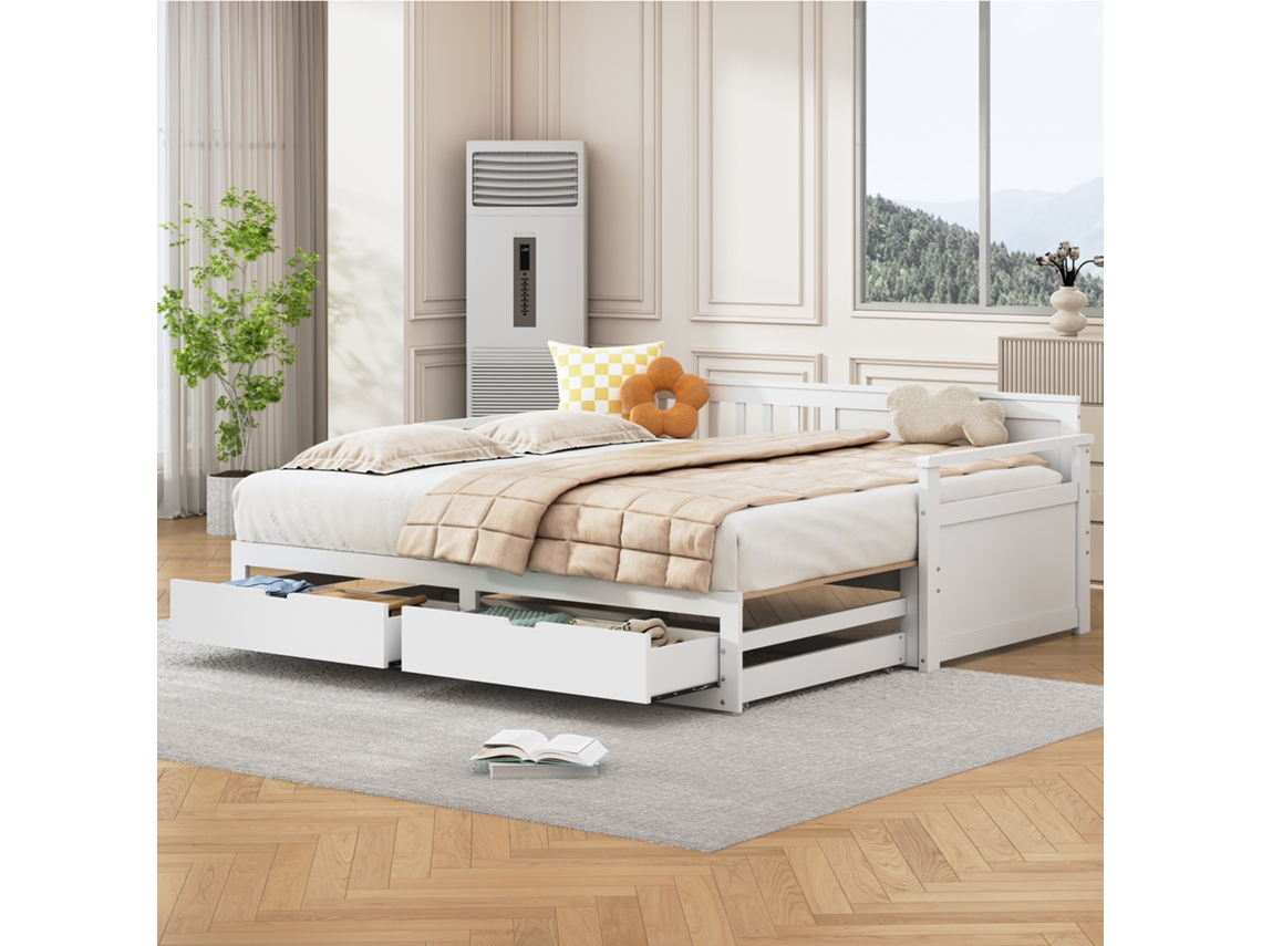 Cama Multifuncional 2 Em 1 90x180/190 Cm, Pinho Branco, Com Gavetas E Cama Extra.