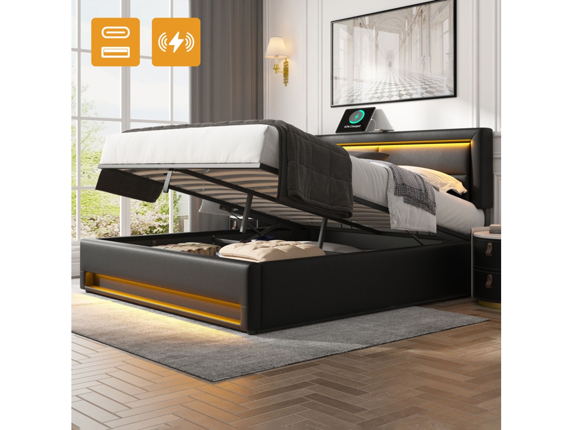 Cama de Casal VSOGA 140x190 cm com arrumação, pele Pu preta, iluminação led, usb, sem colchão