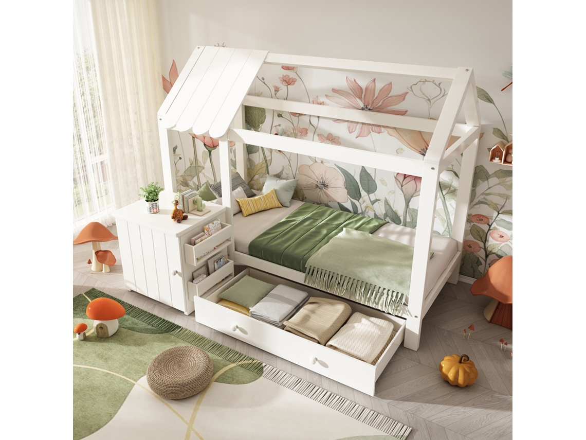 Cama Infantil 90x200 Cm Madeira Maciça Branca Com Gavetas E Mesa De Noite