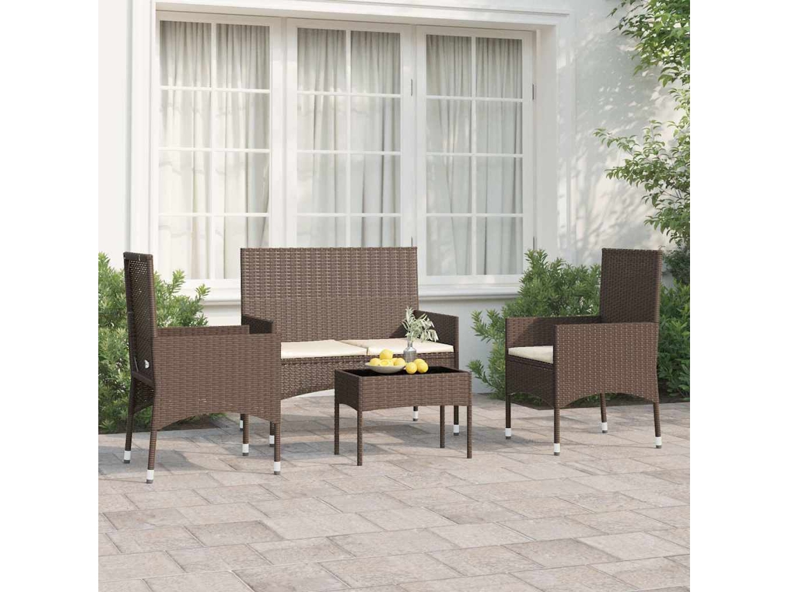 Vidaxl 4 Pcs Conjunto Lounge Jardim C/ Almofadões Vime Pe Castanho