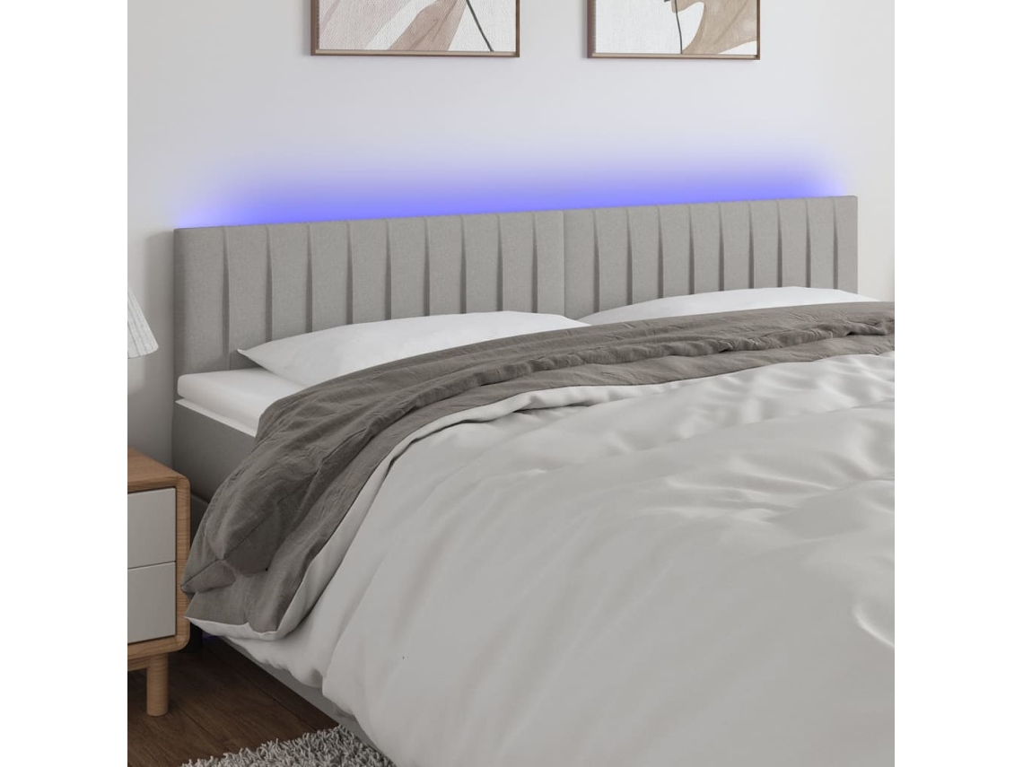 Cabeceira de cama c/luzes LED tecido 180x5x78/88 cm cinza-claro
