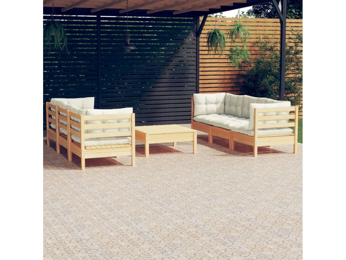 Vidaxl 7 Pcs Conjunto Lounge Jardim C/ Almofadões Cor Creme Pinho