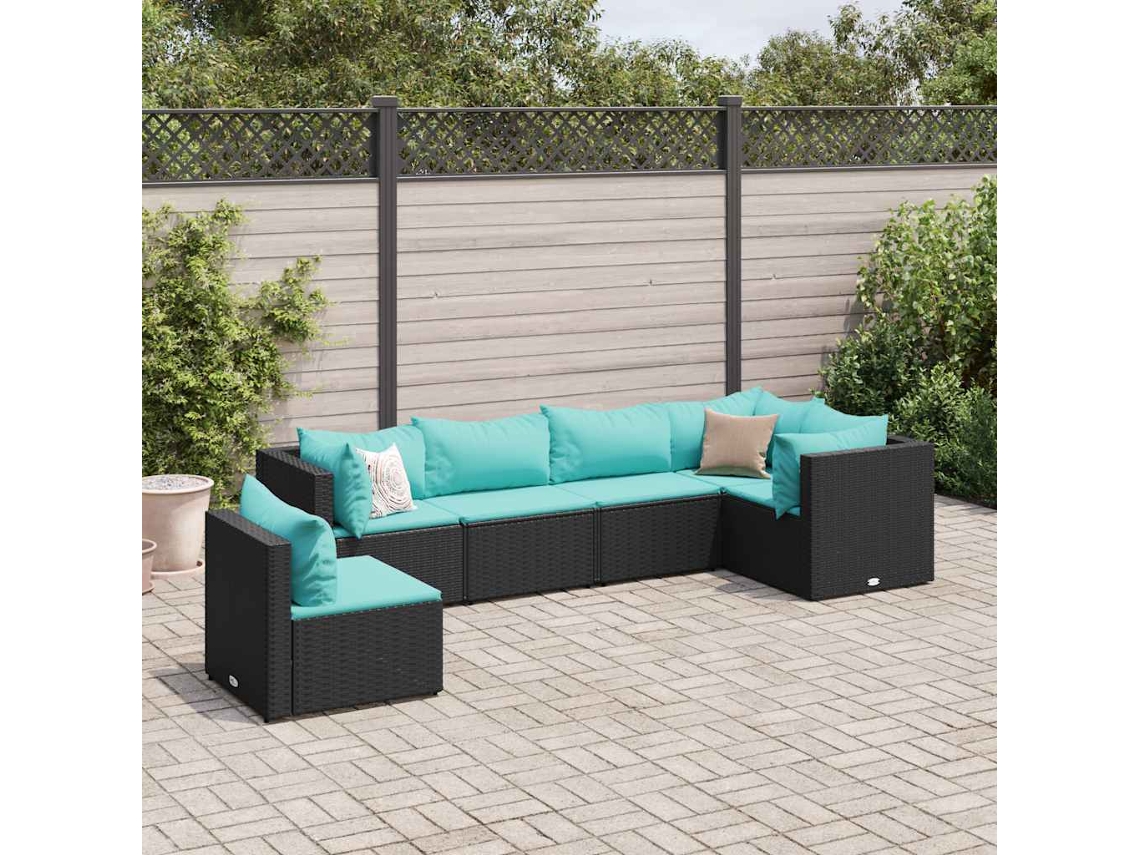 Vidaxl 6 Pcs Conjunto Lounge De Jardim C/ Almofadões Vime Pe Preto