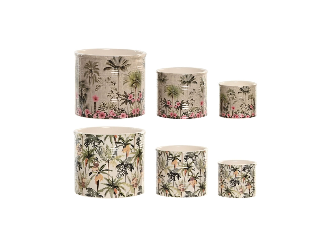 Plantador Home Esprit Verde Multicolor Cerâmica Tropical 13,6 X 13,6 X 11,8 Cm (2 Unidades) (3 Peças)