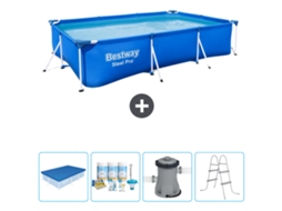 Piscina Retangular Steel Pro BESTWAY 300 X 201 X 66 Cm Azul Incluída Cobrir Pacote de Manutenção Bombear Escada