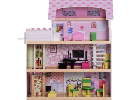 HomCom Casa de Bonecas com 13 peças Móveis Mobiliário Casita de Bonecas de Brincar Madeira 3 Pisos 60x30x71.5cm