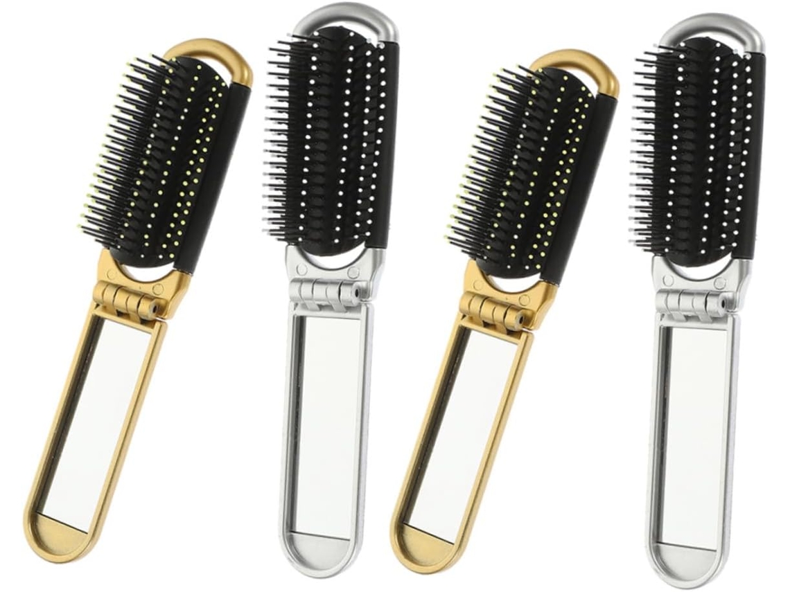 Conjunto Inoomp De 4 Mini Escovas Cabelo Dobráveis Com Espelho, Escova De Massagem Compacta E Portátil Para Viagens Uso