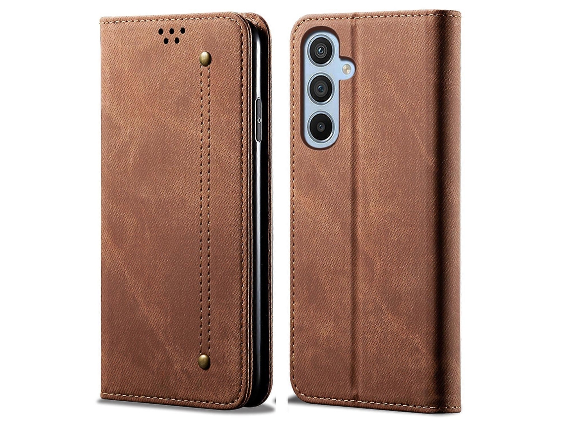 Compre Capa Carteira Flip De Couro Para Samsung Galaxy S24 Fe, Capa Jeans Com Textura De Tecido E Café