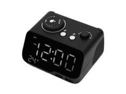 Despertador duplo com alto-falante Bluetooth, rádio FM, visor LED e hora do dia.
