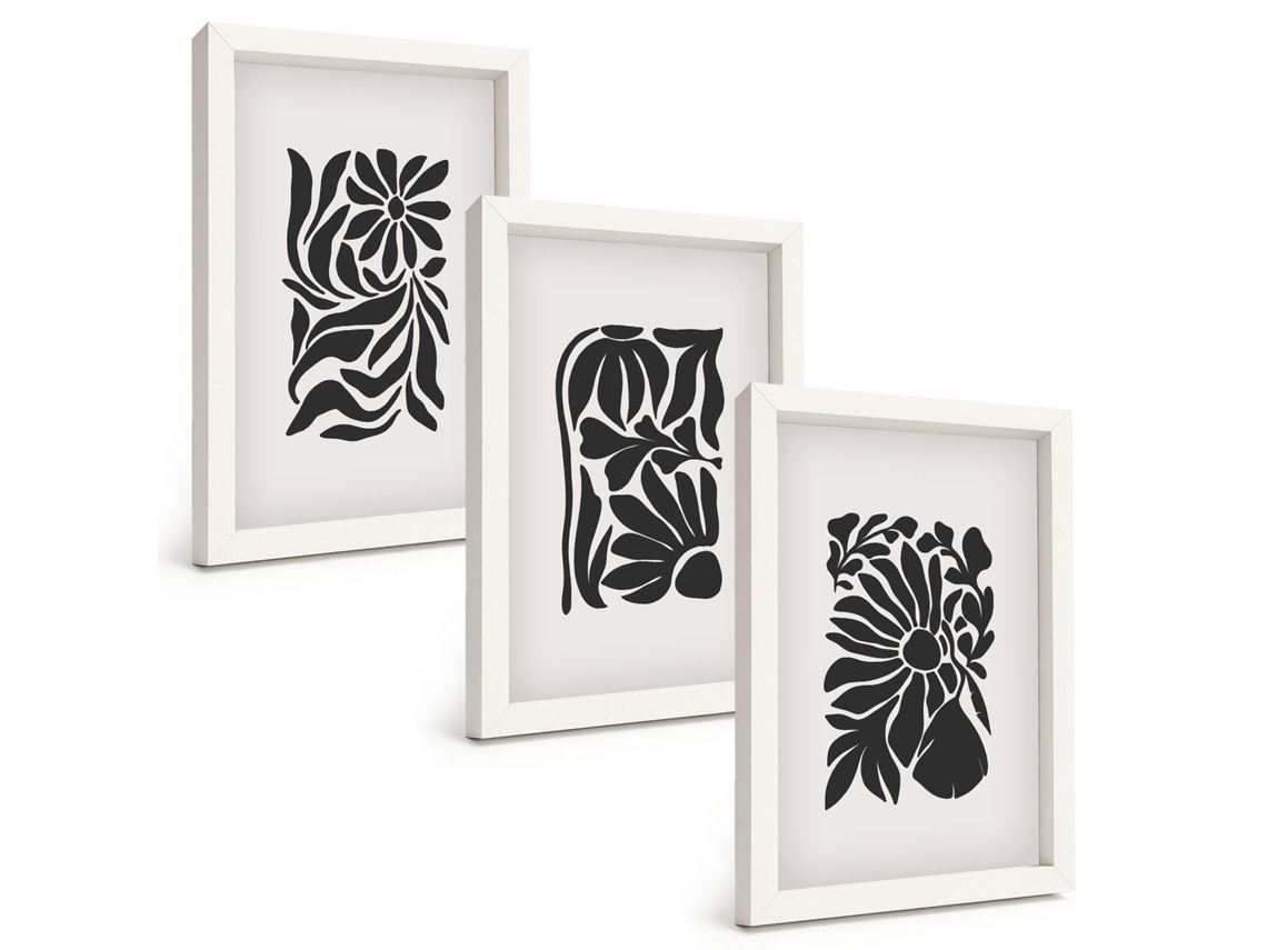 Conjunto De Pinturas Padrões Abstratos De Plantas Moldura Branca Imagens Para Um Quarto Infantil Espelharte (3 Peças 20x30 Cm)
