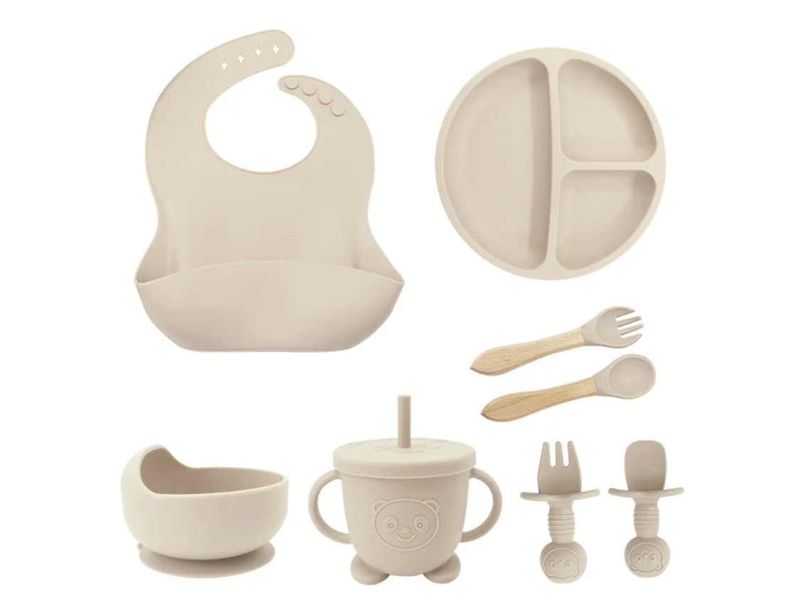 Conjunto De 8 Peças Em Silicone Para Alimentação De Bebés | Produtos Para Bebés Que Ajudam Na Autoalimentação (branco-creme)