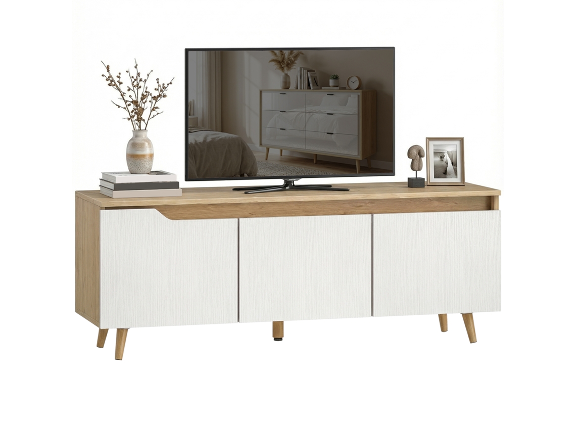 Móvel De Tv Para Sala Com 3 Portas Para Televisões Até 55 Polegadas Estilo Moderno 120x35x45,5 Cm Carvalho E Branco