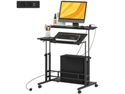 Secretária Elevatória Com Rodas Tomadas E Entrada Usb Altura Ajustável E Painel Central Inclinado 80x60x59,5-95 Cm Preto