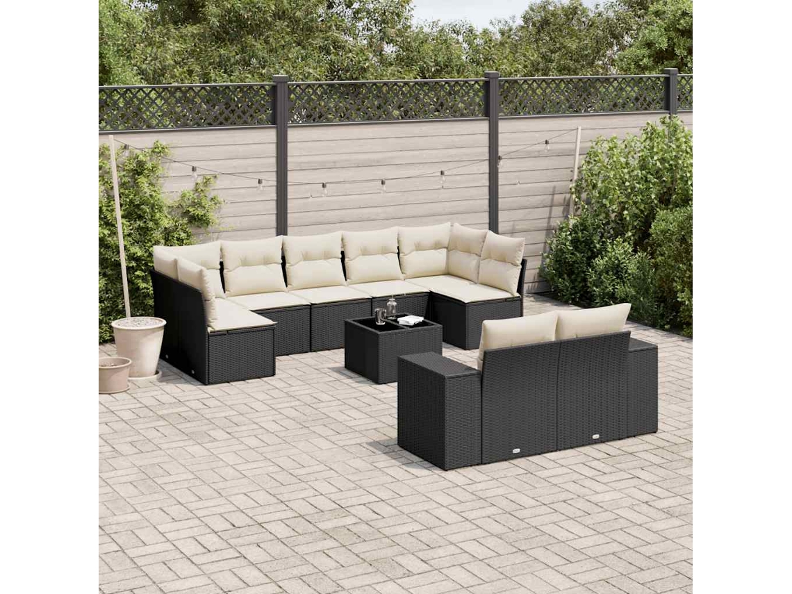 Jogo de Sofá Jardim 10 Peças C/ Almofadões Vime Pe Preto Dkd Home Decor