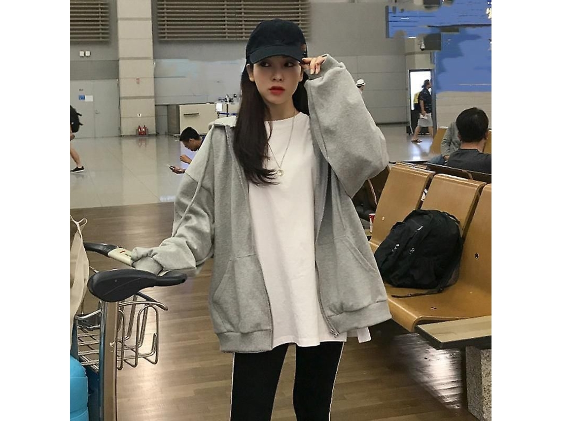 Jaqueta De Inverno Feminina Com Capuz, Manga Longa, Gola V, Estilo Streetwear, Tecido Largo Poliéster E Lã Ea01113-grey