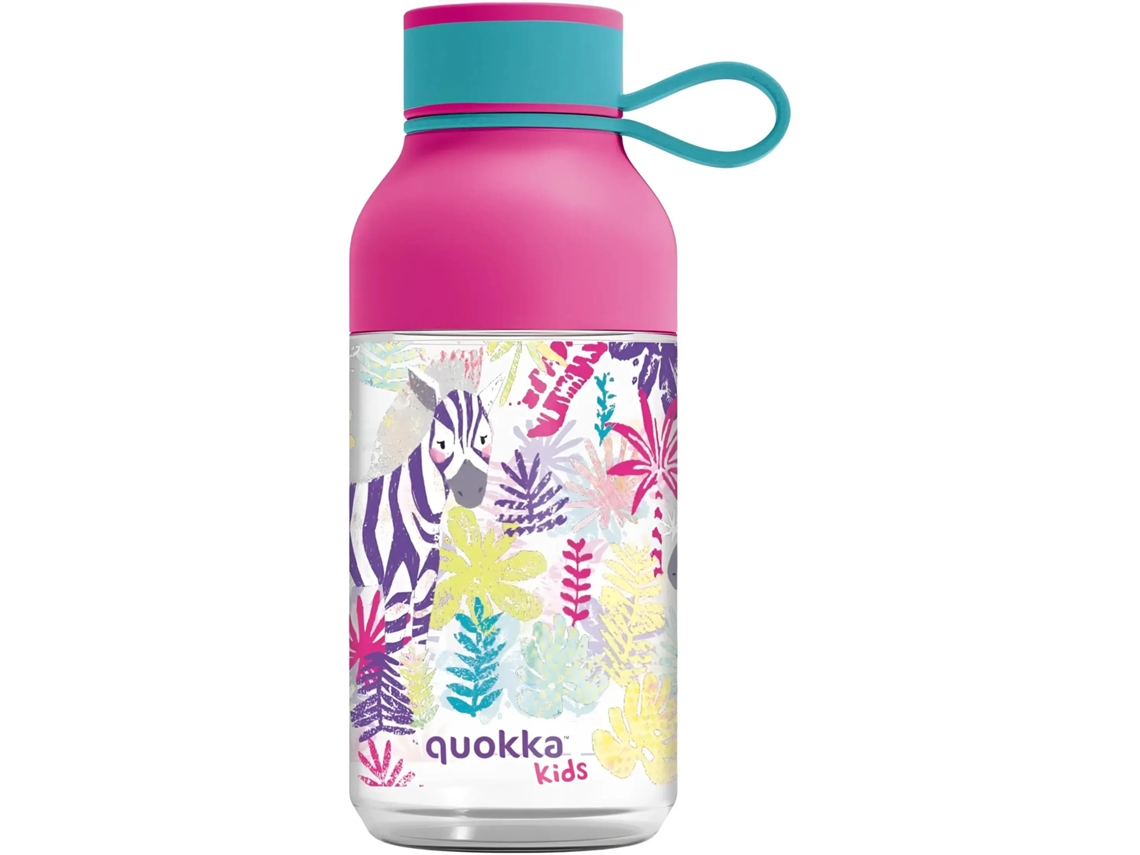 Garrafa de plástico infantil Quokka Ice com estampa de zebras e gancho, 430ml