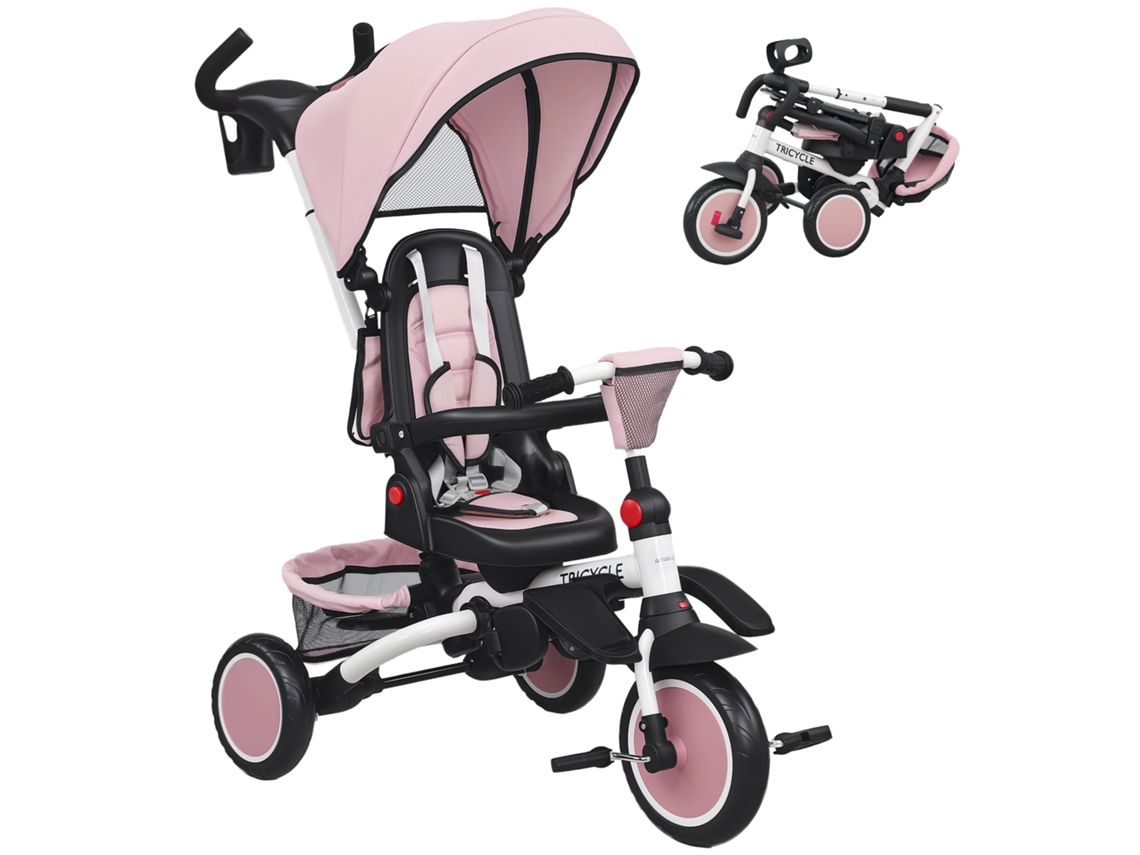 Triciclo Infantil. Carrinho 6 em 1 para Crianças Pequenas. com Alavanca de Empurrar. Assento Ajustável. Design Dobrável. Rede de Segurança Ge