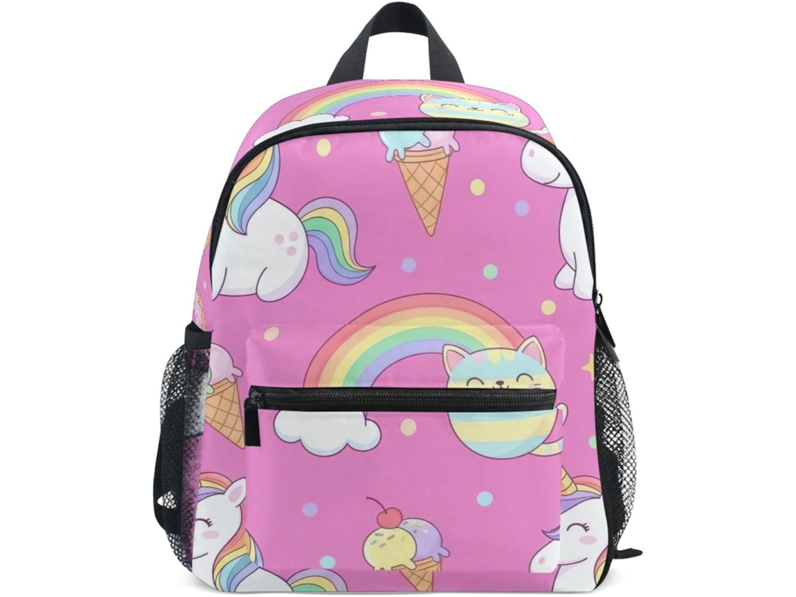 Mochila Rosa Com Unicórnio Arco-íris E Etiqueta Para Nome, Infantil Crianças De 3 A 8 Anos.