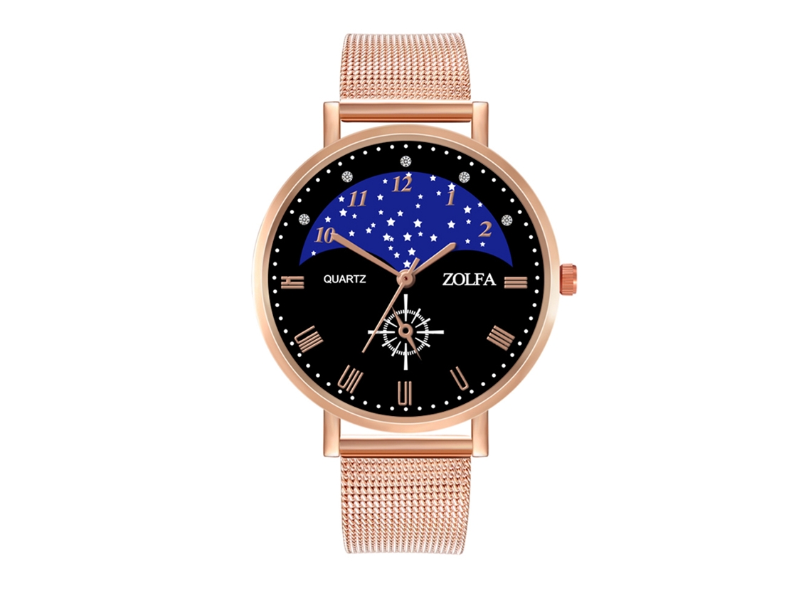 Relógio de quartzo unissex com pulseira de malha e mostrador céu estrelado (dourado rosa)