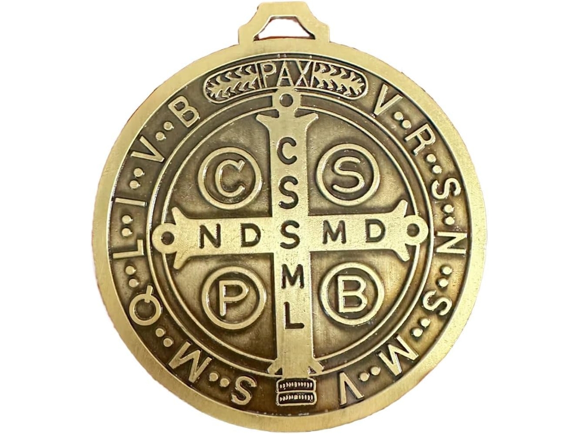 Cruz De São Bento Em Latão Envelhecido, Medalha Romana De 12, 7 Cm (5 Polegadas) Com Relevo Detalhado
