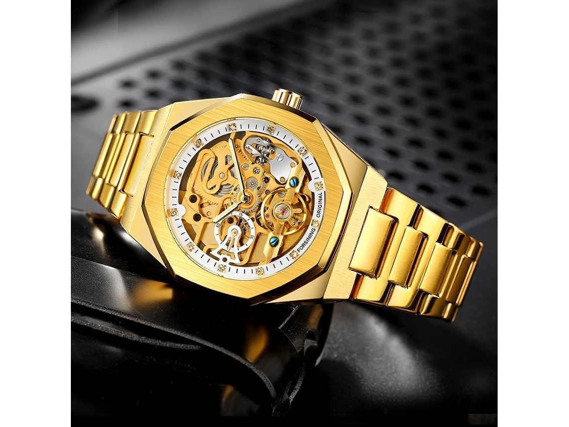 Lurelia Relógio Mecânico Masculino, Movimento De Quartzo, Detalhes Com Strass, Mostrador Esqueleto, Aço Inoxidável, Resistente À Água, Prata