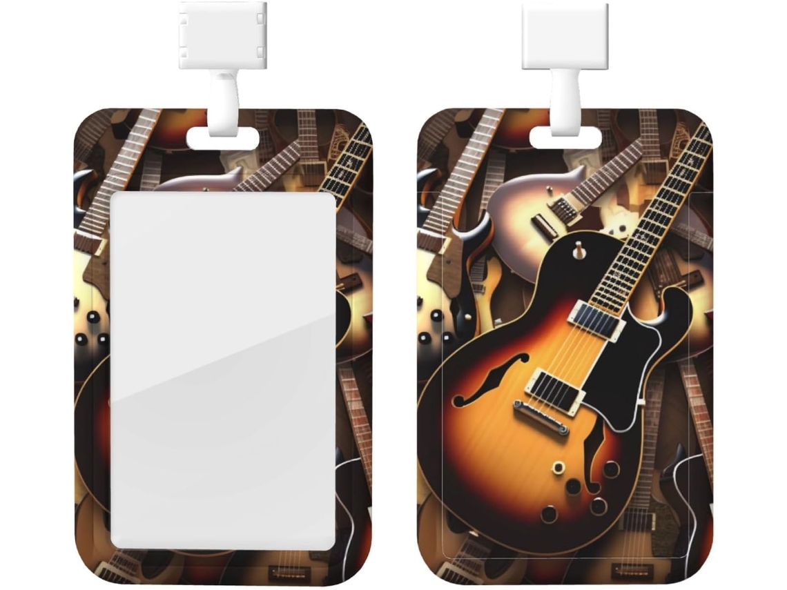 Porta Crachá Com Estampa De Guitarra Musical E Cordão, Estojo De Plástico Impermeável Crachá, Capa Protetora