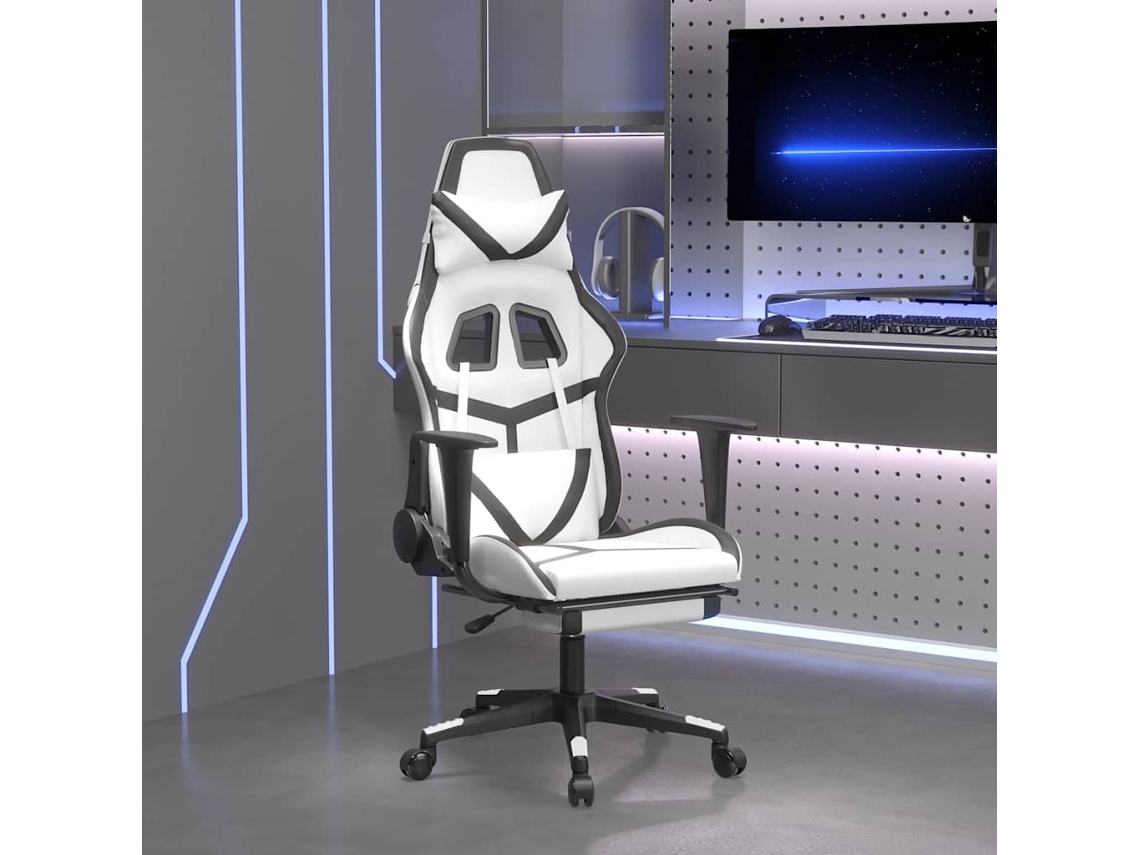 Cadeira Gaming Massagens C/ Apoio Pés Couro Artif. Branco/preto