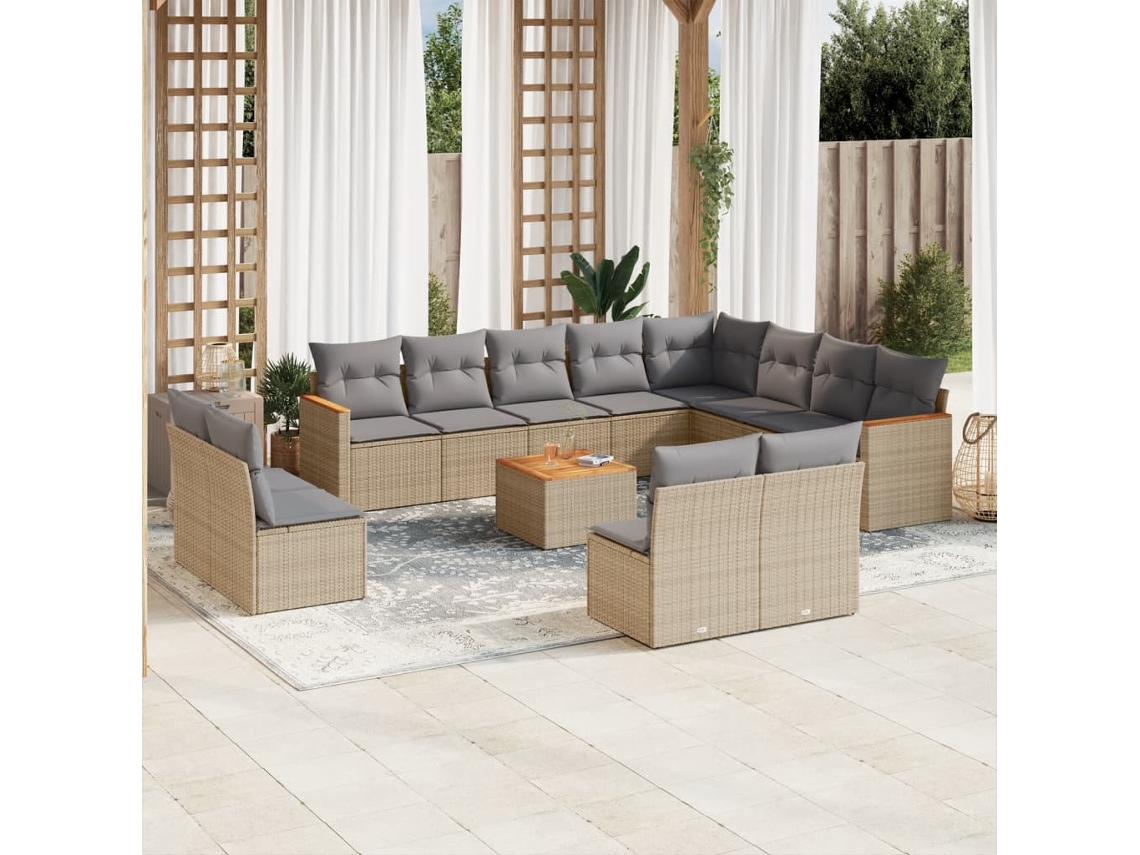 Vidaxl 13 Pcs Conjunto De Sofás P/ Jardim Com Almofadões Vime Pe Bege