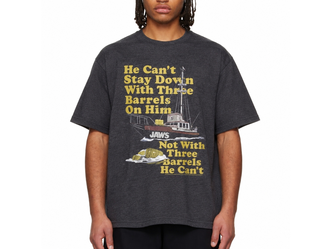 Rockinstone Jaws Movie 70's Barrels Heather Navy Adult T-shirt Size:xl