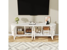 Móvel de TV baixo com portas de vidro, móvel prático com puxadores e pés dourados, branco e dourado, Mobrio