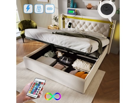 Cama de Casal com Cabeceira e Arrumação Led Estofada Função Carregamento Usb Tipo Estrutura YUETOPP Algodão Bege (160x200cm)