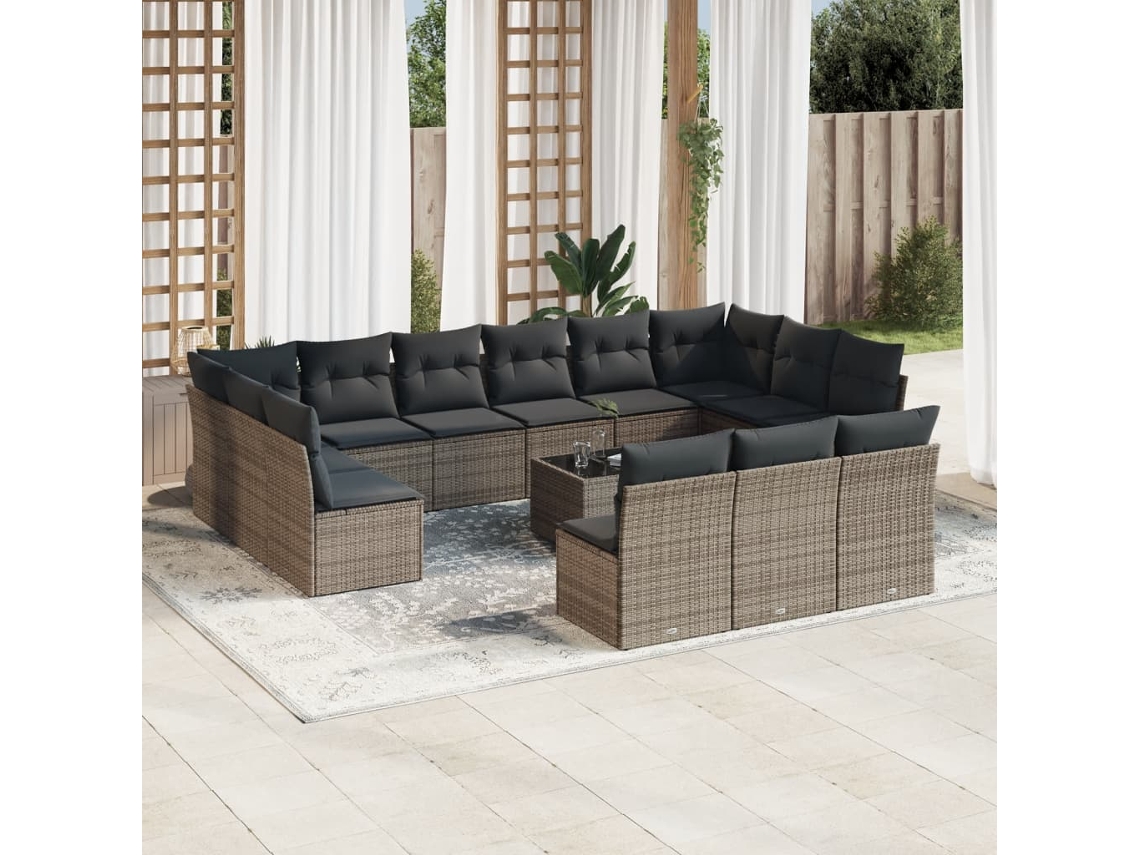 Conjunto 14 Peças Sofás P/ Jardin C/ Almofadões Vime Pe Cinzento Dkd Home Decor
