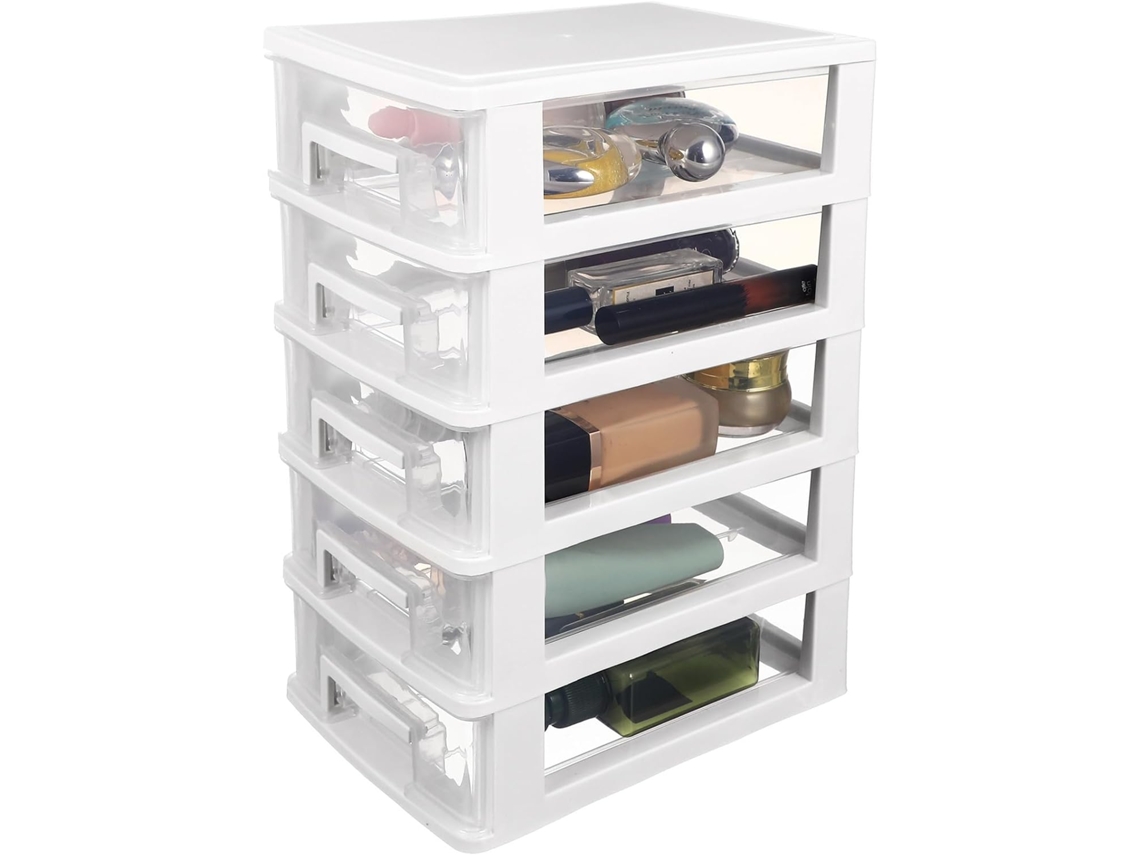 Caixa Organizadora de Plástico Branco e Transparente com Cinco Níveis da Garneck, Ideal para Escritório, Casa
