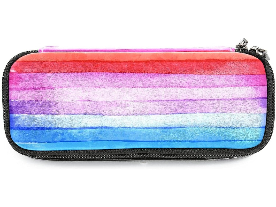 Caixa organizadora grande com estampa de listras Aquarela, ideal para guardar canetas e outros itens escolares.