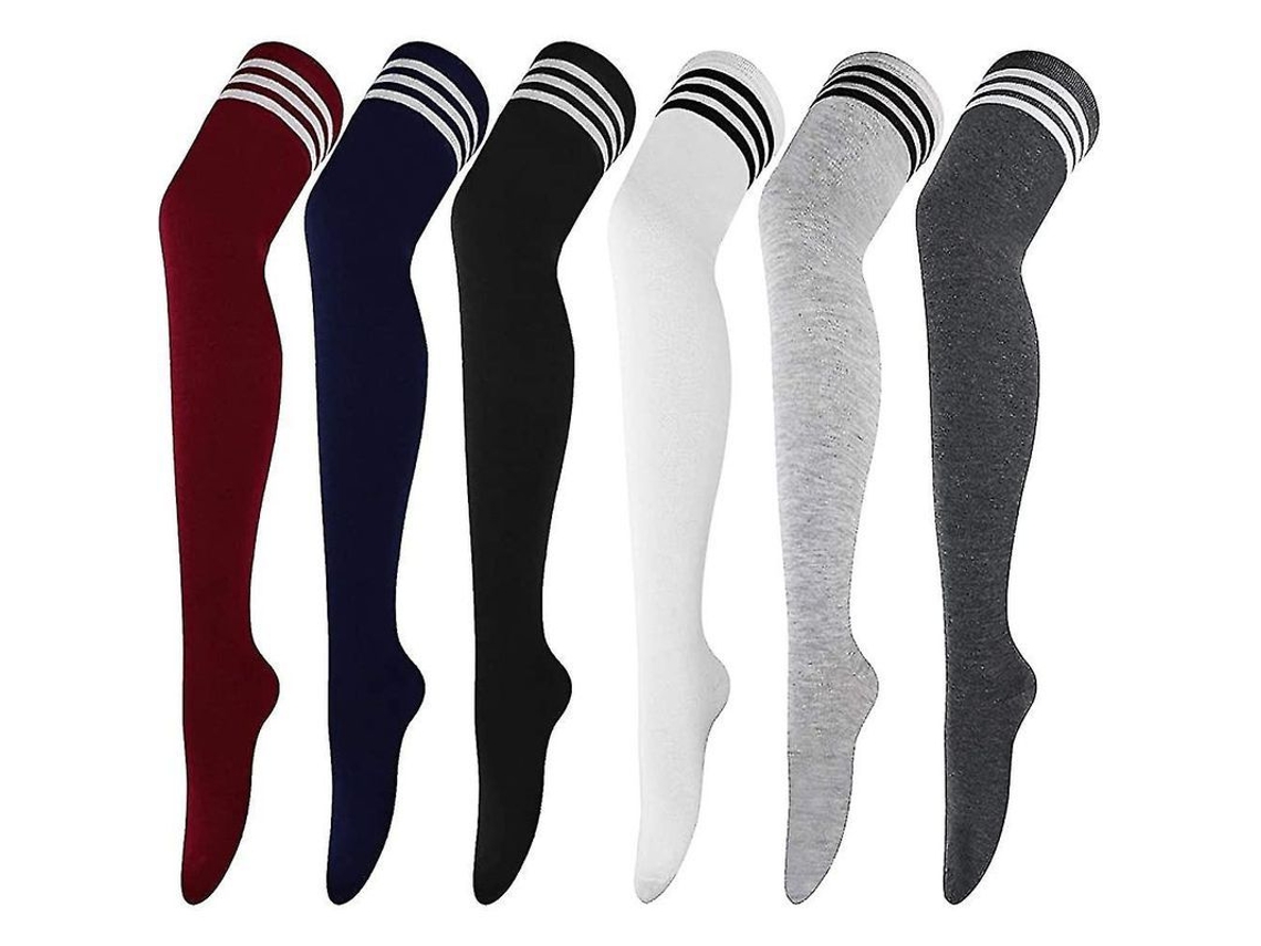 6 Pares De Meias Altas De Coxa Listradas, Calcetinadas Delgadas E Longas Para Mulheres Plus Size, Elásticas E Transpiraveis