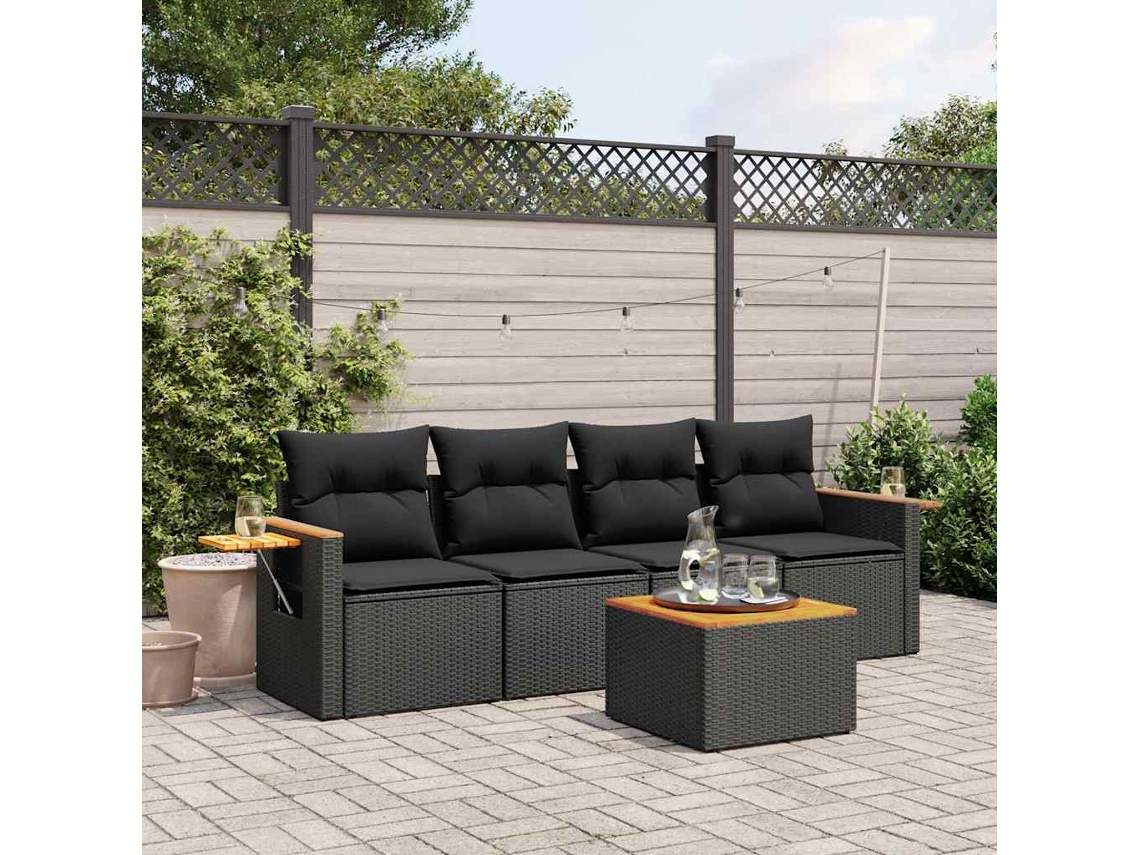 Vidaxl 5 Pcs Conjunto Sofás De Jardim Com Almofadões Vime Pe Preto