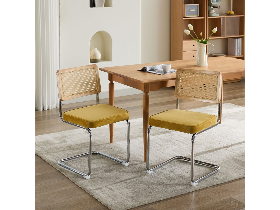 Par Cadeiras Breuer Rattan Veludo Base Cromada Dourada
