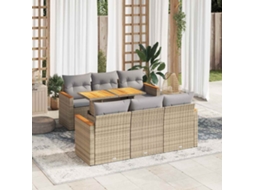 Vidaxl 7 Pcs Conjunto Sofás Jardim Com Almofadões Vime Pe/acácia Bege