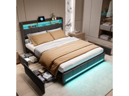 Cama Baú 180x200cm, Cama Acolchoada com Arrumação, 4 Gavetas de Arrumação, Led Ajustável, Carregamento Usb Type c, Tecido de Linho Cinza BRYXR